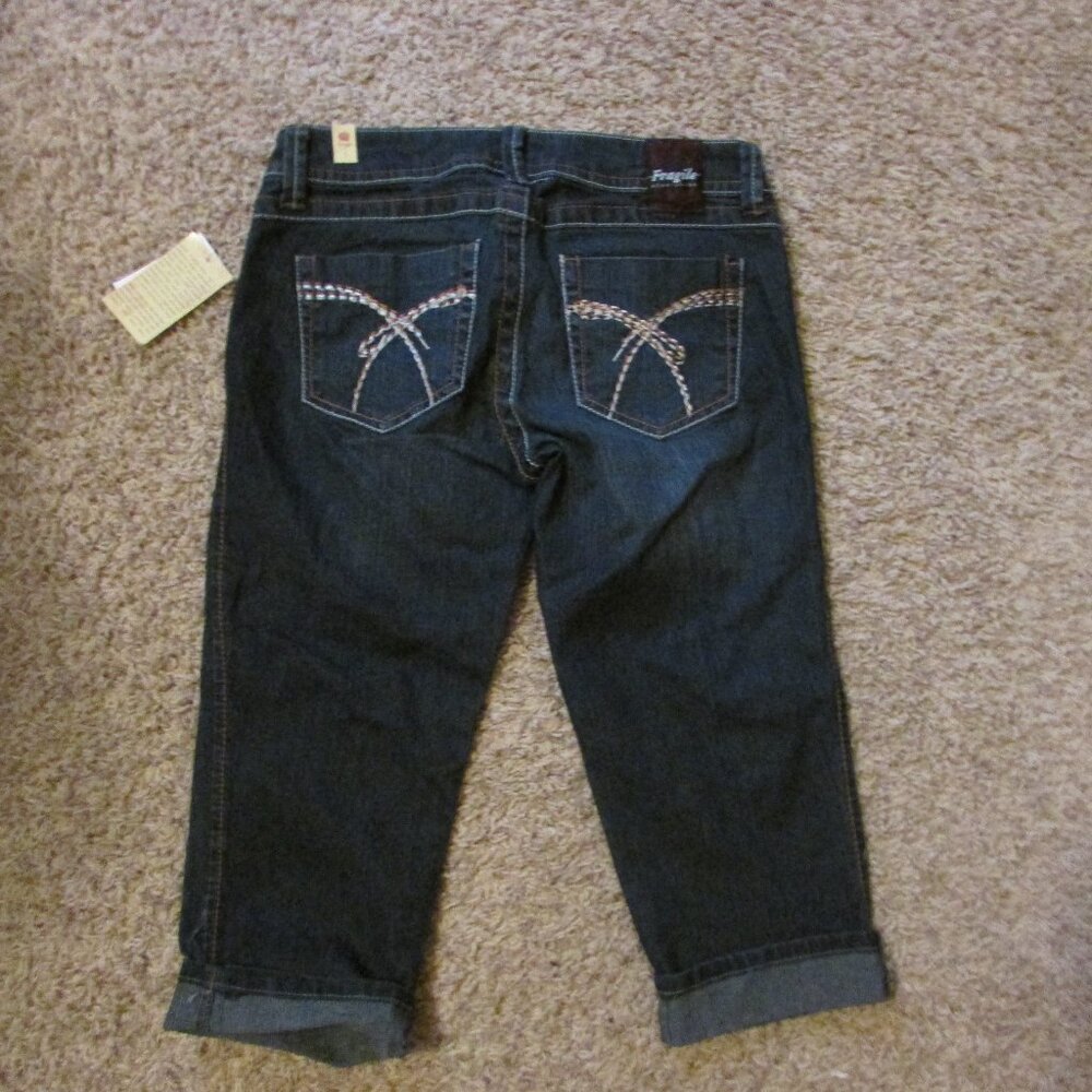 NWT Fragile 1 Dark Blue Stretch Capri Crop Jeans Zip Fly Whiskered Rolled Cuff